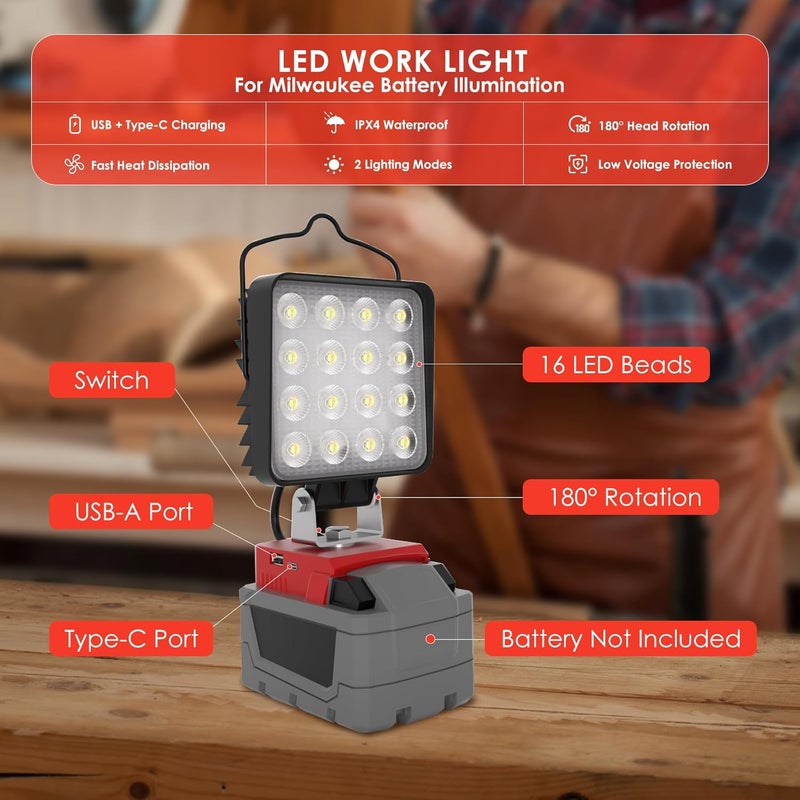 wokelux 2 حزمة من مصابيح العمل LED لبطارية Milwaukee M18 18V، مصباح عمل LED محمول مطور بقوة 76 واط و10000 لومن مع منفذ شحن USB وType-C، إضاءة خارجية (البطارية غير مدرجة) - Image 2